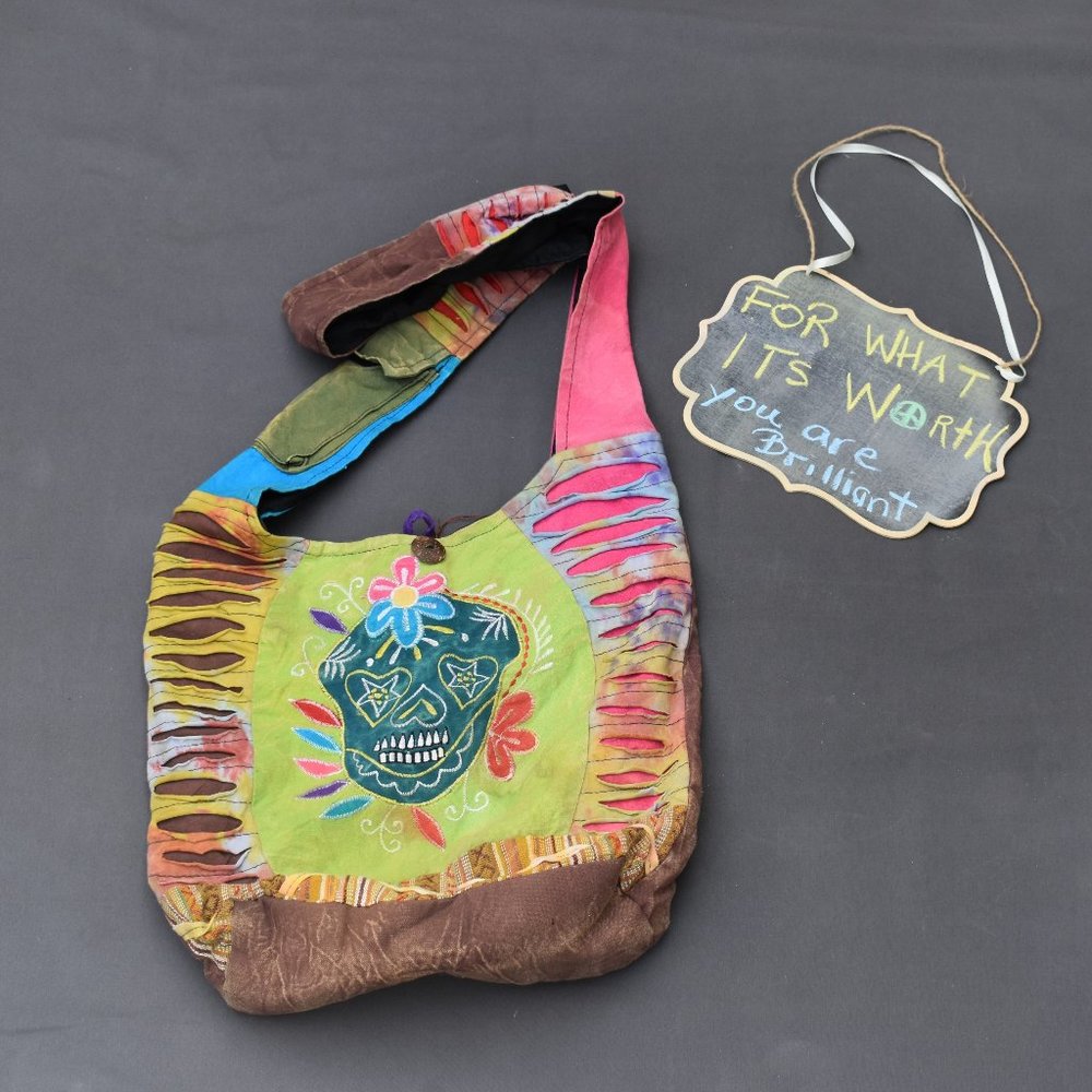 Boho Sugar Skull Crossbody Bucket Bag - 100% Cotton - Handmade in Nepal